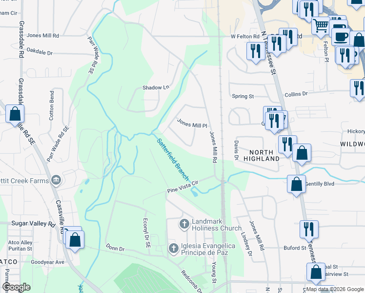 map of restaurants, bars, coffee shops, grocery stores, and more near 4 Cherrywood Lane in Cartersville
