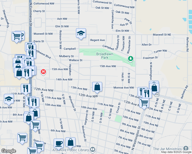 map of restaurants, bars, coffee shops, grocery stores, and more near 1408 Hargrove Street in Ardmore