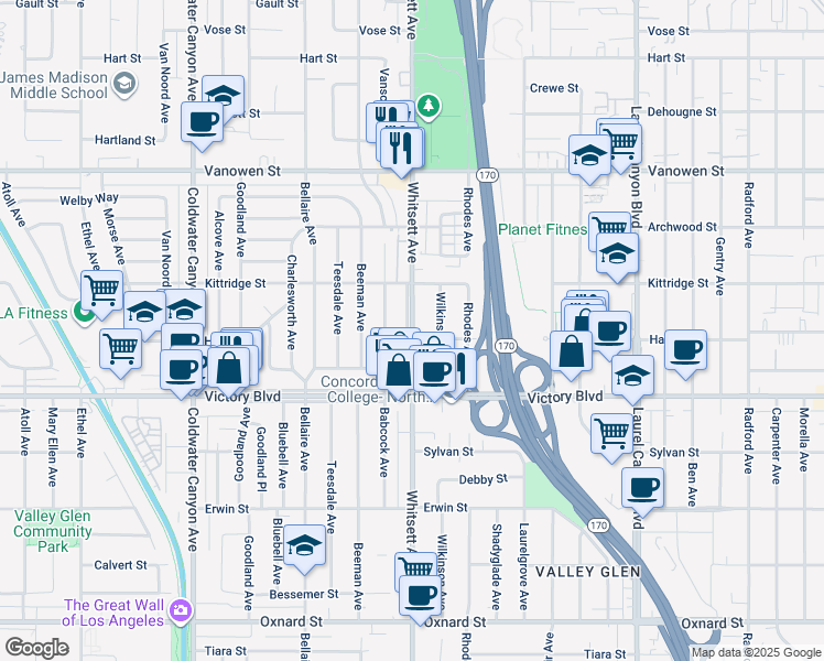 map of restaurants, bars, coffee shops, grocery stores, and more near 6722 Whitsett Avenue in Los Angeles