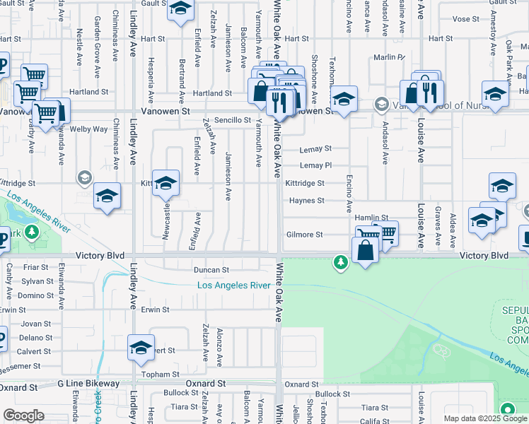 map of restaurants, bars, coffee shops, grocery stores, and more near 6534 Yarmouth Avenue in Los Angeles