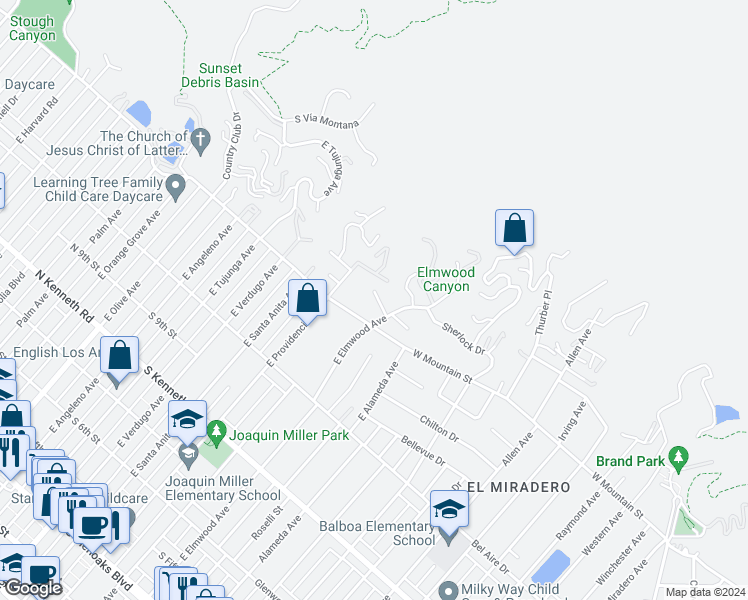 map of restaurants, bars, coffee shops, grocery stores, and more near 703 View Drive in Burbank