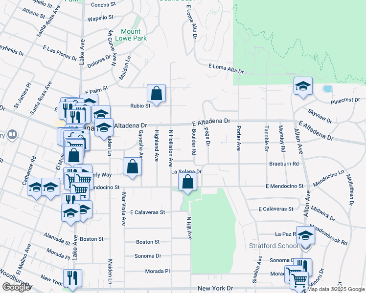 map of restaurants, bars, coffee shops, grocery stores, and more near 1369 Skywood Circle in Altadena