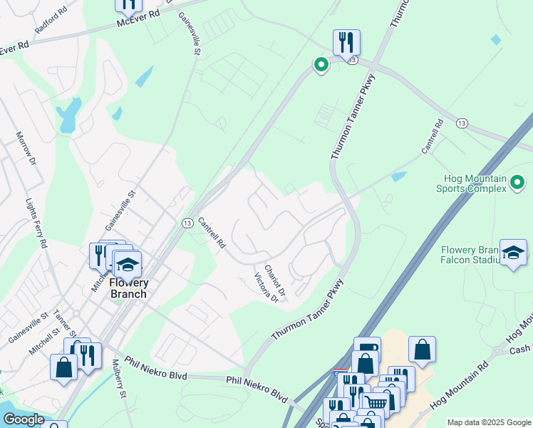 map of restaurants, bars, coffee shops, grocery stores, and more near 4840 Zephyr Cove Place in Flowery Branch