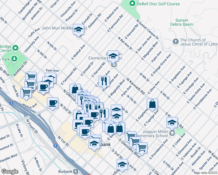 map of restaurants, bars, coffee shops, grocery stores, and more near 644 East San Jose Avenue in Burbank