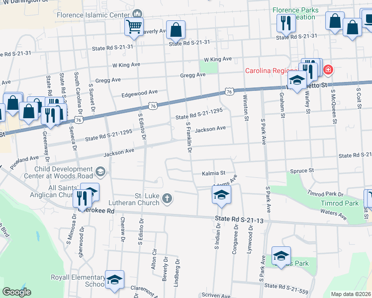 map of restaurants, bars, coffee shops, grocery stores, and more near 501 South Franklin Drive in Florence