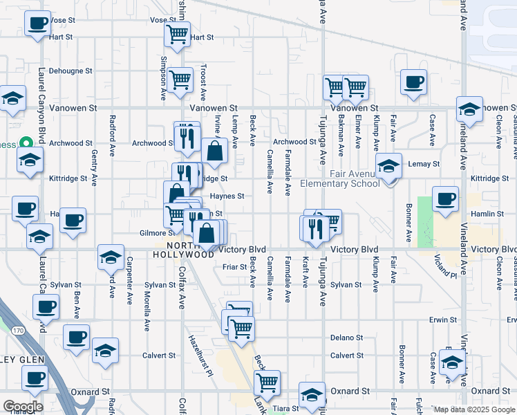 map of restaurants, bars, coffee shops, grocery stores, and more near 6506 Beck Avenue in Los Angeles