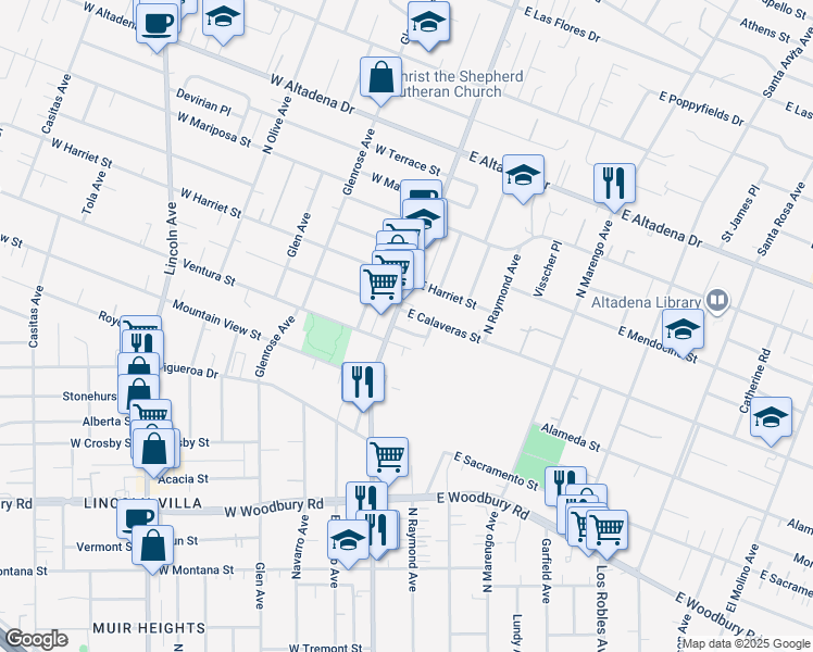map of restaurants, bars, coffee shops, grocery stores, and more near 17 La Venezia Court in Altadena