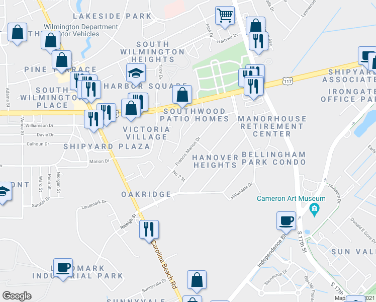 map of restaurants, bars, coffee shops, grocery stores, and more near 909 Francis Marion Drive in Wilmington
