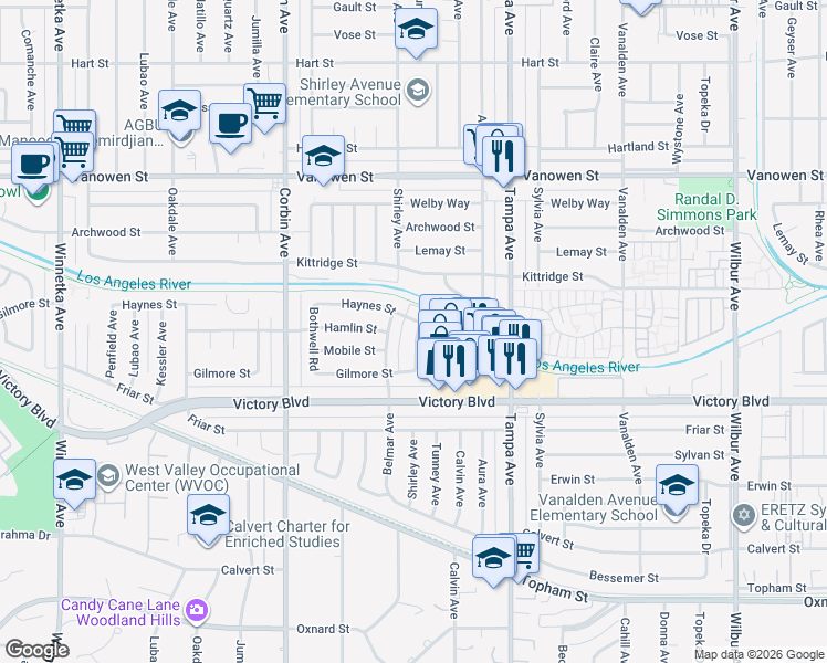 map of restaurants, bars, coffee shops, grocery stores, and more near 19419 Haynes Street in Los Angeles