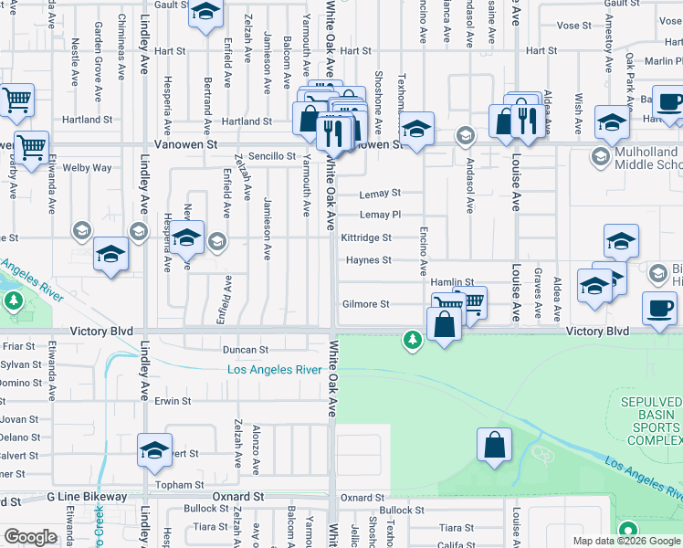 map of restaurants, bars, coffee shops, grocery stores, and more near 17647 Haynes Street in Los Angeles
