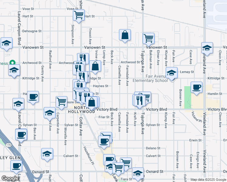 map of restaurants, bars, coffee shops, grocery stores, and more near 6506 Beck Avenue in Los Angeles