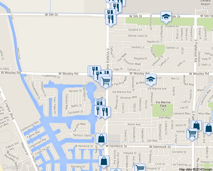 map of restaurants, bars, coffee shops, grocery stores, and more near 1243 Victoria Ave in Oxnard