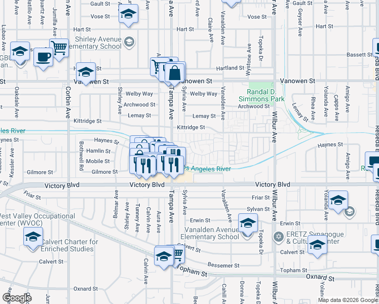 map of restaurants, bars, coffee shops, grocery stores, and more near 8 Hamlin Street in Los Angeles