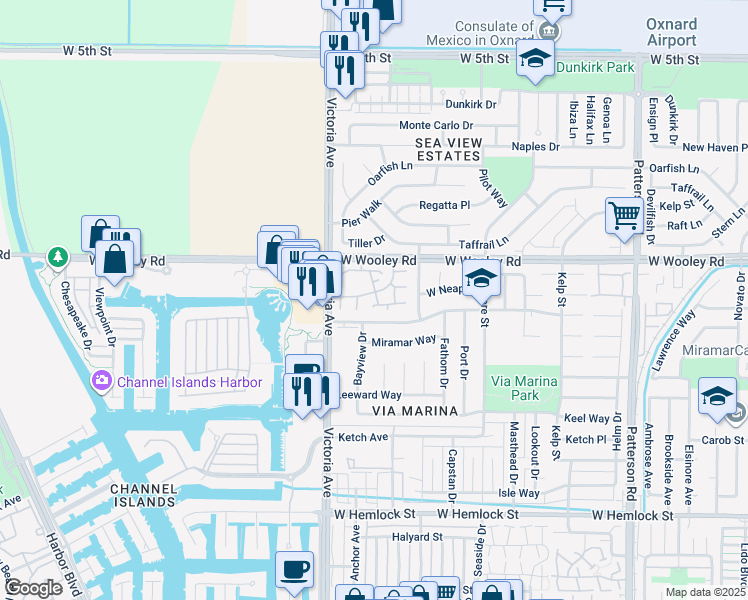 map of restaurants, bars, coffee shops, grocery stores, and more near 3701 Via Pacifica Walk in Oxnard