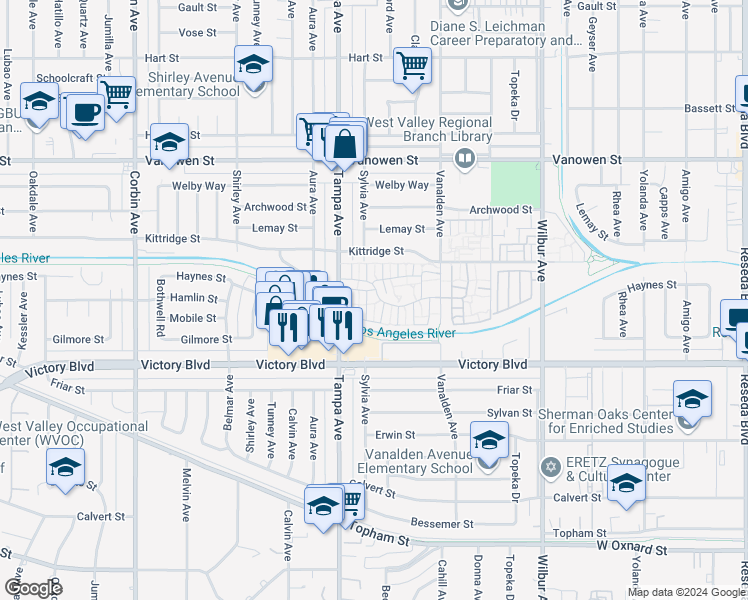 map of restaurants, bars, coffee shops, grocery stores, and more near 6520 Tampa Avenue in Los Angeles