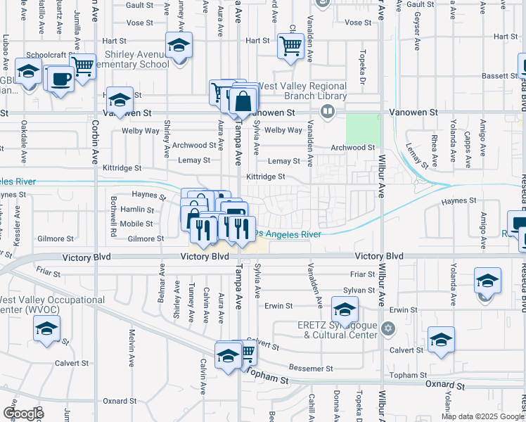 map of restaurants, bars, coffee shops, grocery stores, and more near 19208 Hamlin Street in Los Angeles