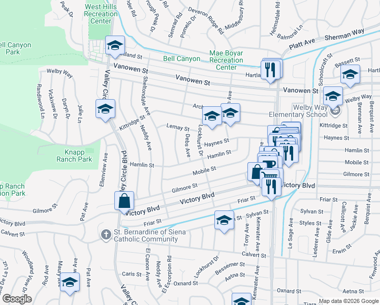 map of restaurants, bars, coffee shops, grocery stores, and more near 6518 Debs Avenue in Los Angeles