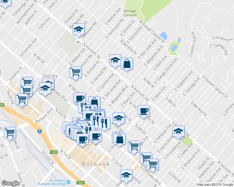 map of restaurants, bars, coffee shops, grocery stores, and more near 635 East Magnolia Boulevard in Burbank