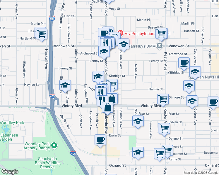 map of restaurants, bars, coffee shops, grocery stores, and more near 6500 Sepulveda Boulevard in Los Angeles