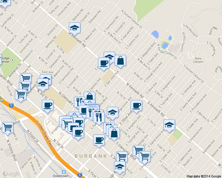map of restaurants, bars, coffee shops, grocery stores, and more near 644 East San Jose Avenue in Burbank