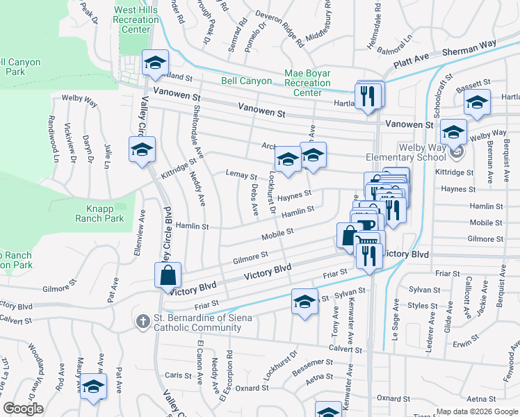 map of restaurants, bars, coffee shops, grocery stores, and more near 6518 Debs Avenue in Los Angeles