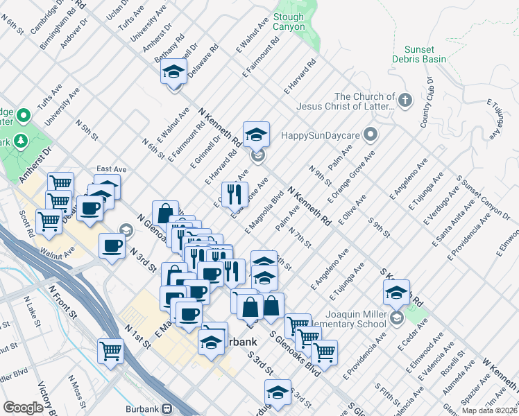 map of restaurants, bars, coffee shops, grocery stores, and more near 635 East Magnolia Boulevard in Burbank