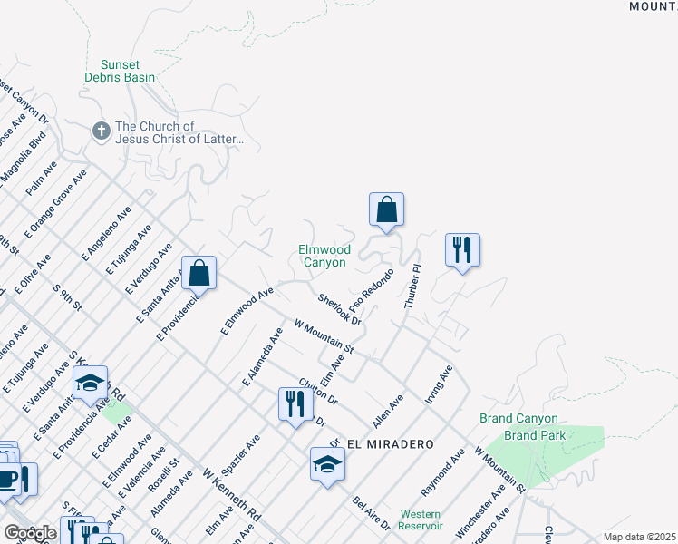 map of restaurants, bars, coffee shops, grocery stores, and more near 1248 East Elmwood Avenue in Burbank