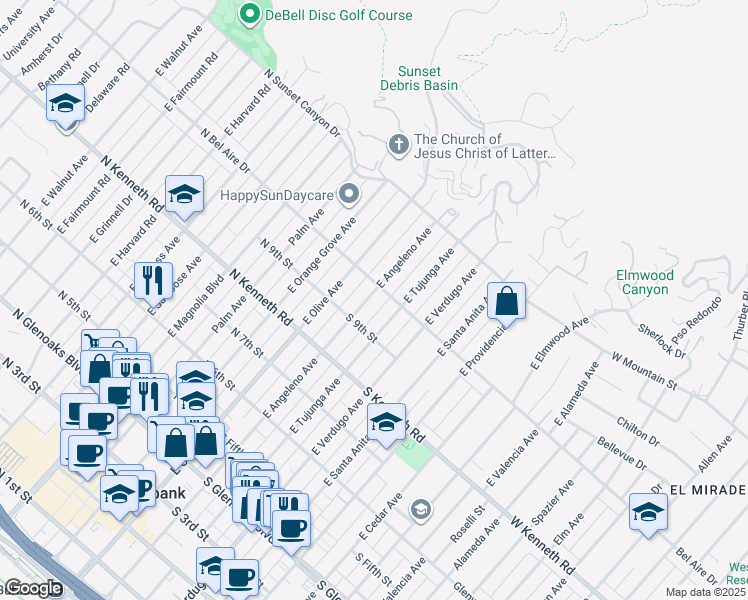 map of restaurants, bars, coffee shops, grocery stores, and more near 1006 East Angeleno Avenue in Burbank