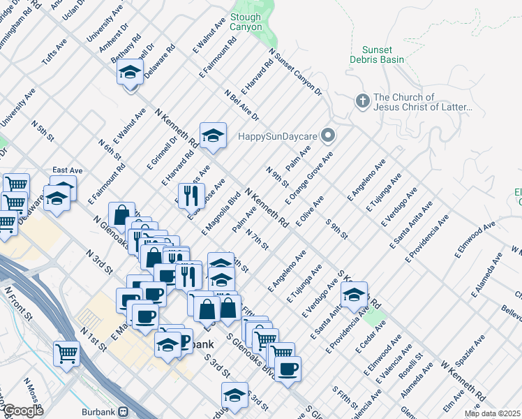 map of restaurants, bars, coffee shops, grocery stores, and more near 803 Palm Avenue in Burbank