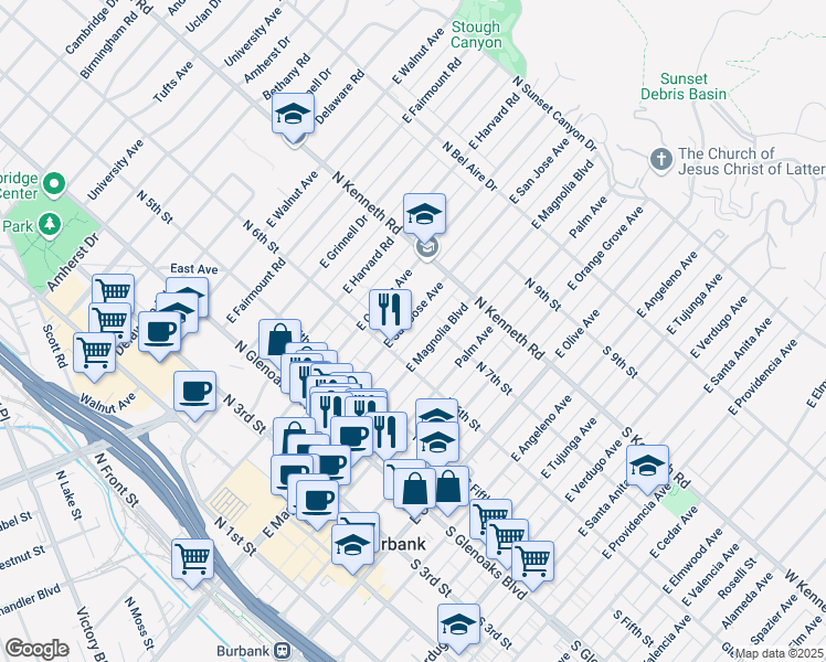 map of restaurants, bars, coffee shops, grocery stores, and more near 644 East San Jose Avenue in Burbank