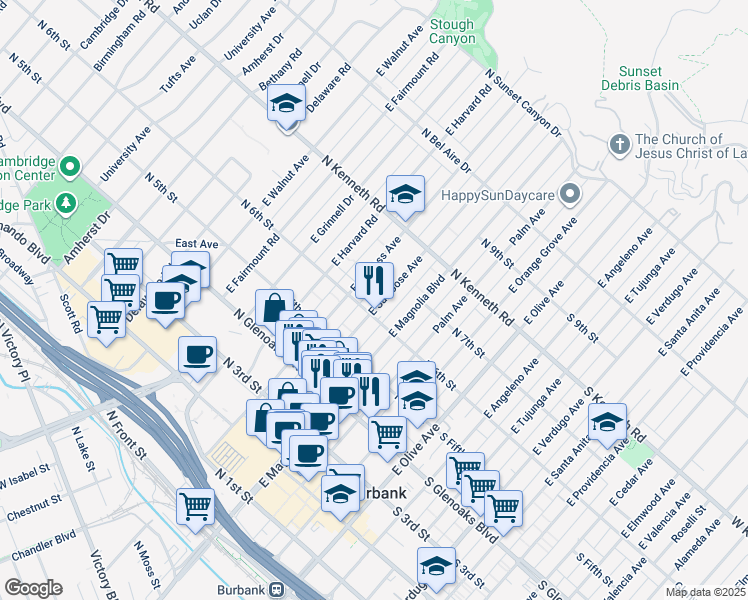 map of restaurants, bars, coffee shops, grocery stores, and more near 620 East Cypress Avenue in Burbank