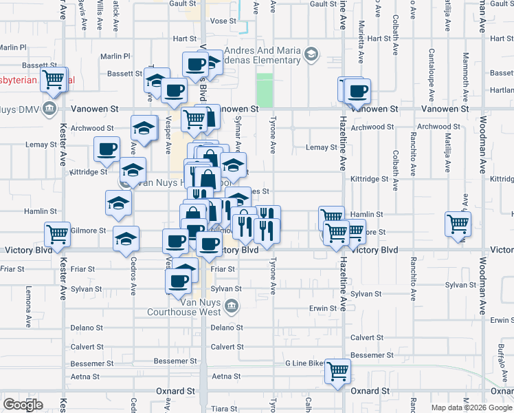 map of restaurants, bars, coffee shops, grocery stores, and more near 14348 Haynes Street in Los Angeles