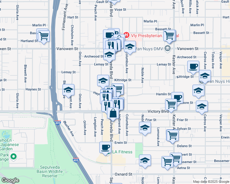 map of restaurants, bars, coffee shops, grocery stores, and more near 6530 Sepulveda Boulevard in Los Angeles