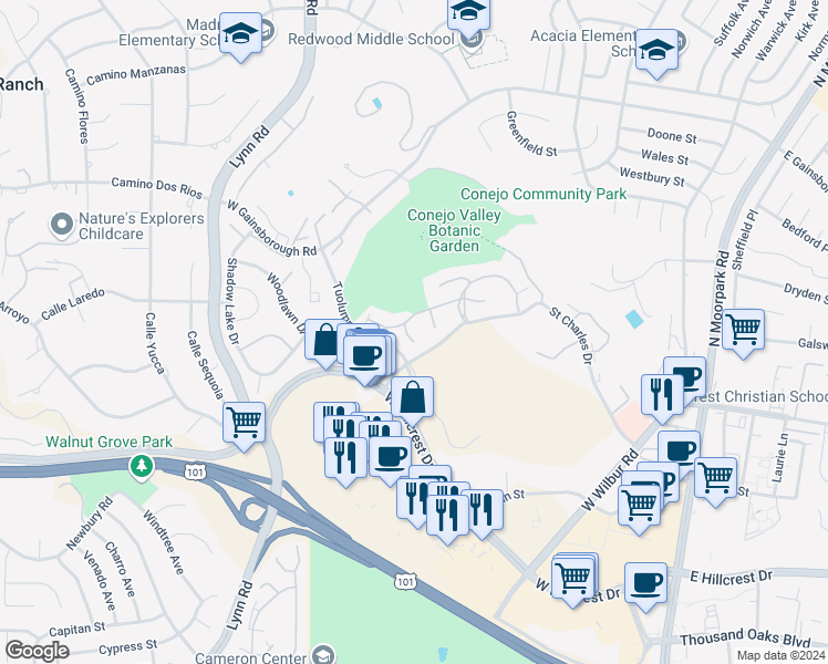 map of restaurants, bars, coffee shops, grocery stores, and more near 824 Pinetree Circle in Thousand Oaks