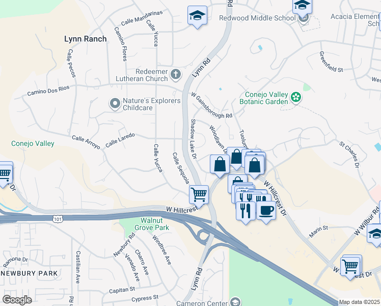 map of restaurants, bars, coffee shops, grocery stores, and more near in Thousand Oaks