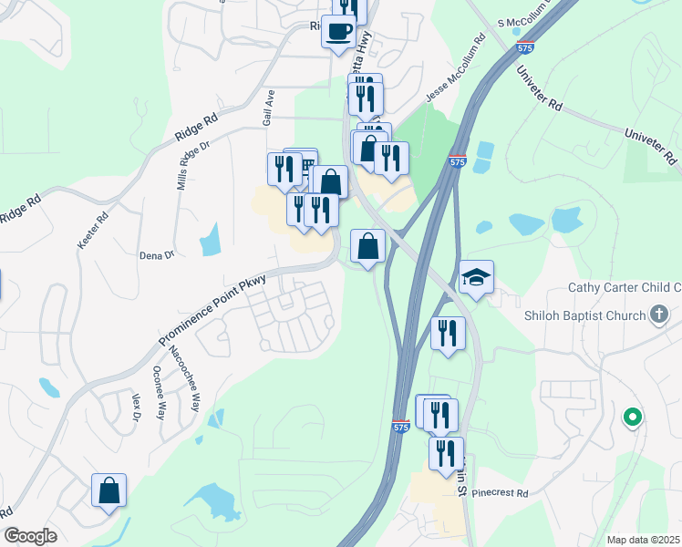 map of restaurants, bars, coffee shops, grocery stores, and more near 151 Prominence Point Parkway in Canton