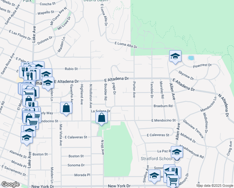 map of restaurants, bars, coffee shops, grocery stores, and more near 2534 Page Drive in Altadena