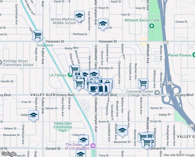 map of restaurants, bars, coffee shops, grocery stores, and more near 6512 Coldwater Canyon Avenue in Los Angeles