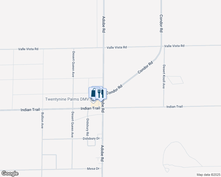 map of restaurants, bars, coffee shops, grocery stores, and more near 3595 Adobe Road in Twentynine Palms