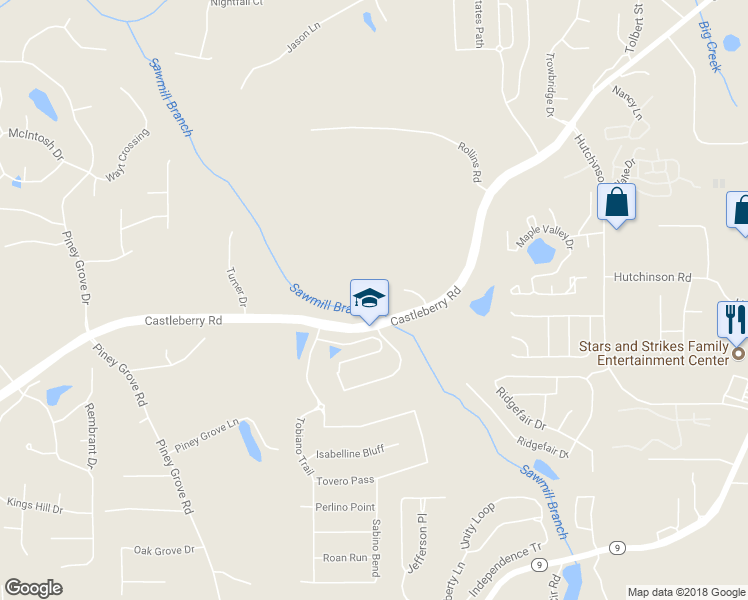 map of restaurants, bars, coffee shops, grocery stores, and more near 3648 Castleberry Road in Cumming