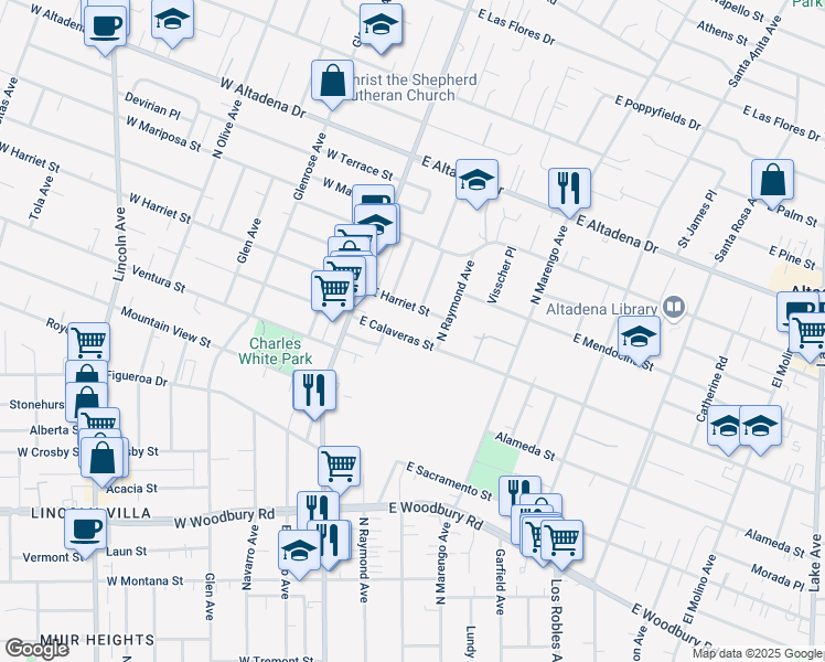 map of restaurants, bars, coffee shops, grocery stores, and more near 105 East Calaveras Street in Altadena