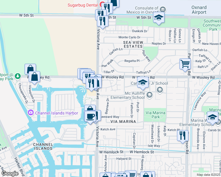 map of restaurants, bars, coffee shops, grocery stores, and more near 3701 Via Pacifica Walk in Oxnard