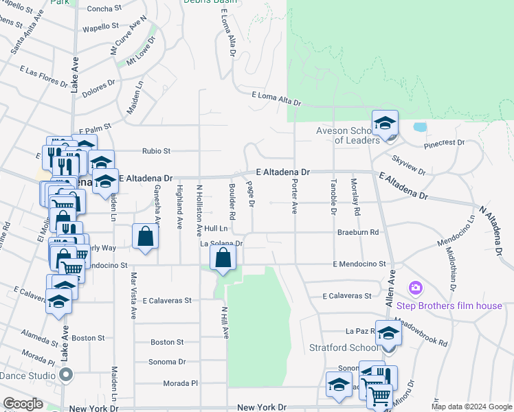 map of restaurants, bars, coffee shops, grocery stores, and more near 2534 Page Drive in Altadena