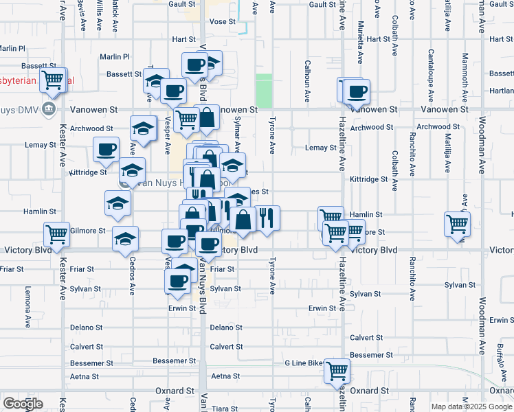 map of restaurants, bars, coffee shops, grocery stores, and more near 14348 Haynes Street in Los Angeles