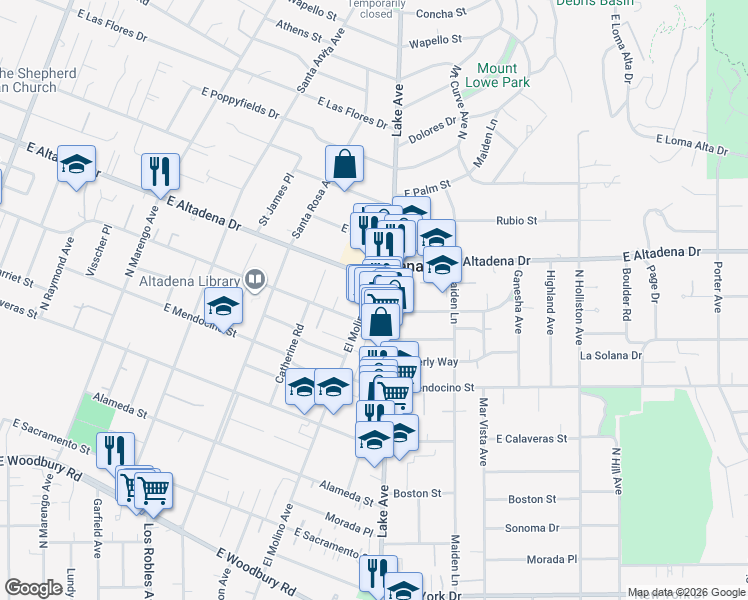 map of restaurants, bars, coffee shops, grocery stores, and more near 780 Fontanet Way in Altadena