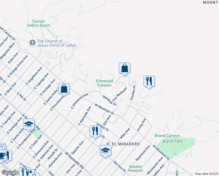 map of restaurants, bars, coffee shops, grocery stores, and more near 1248 East Elmwood Avenue in Burbank