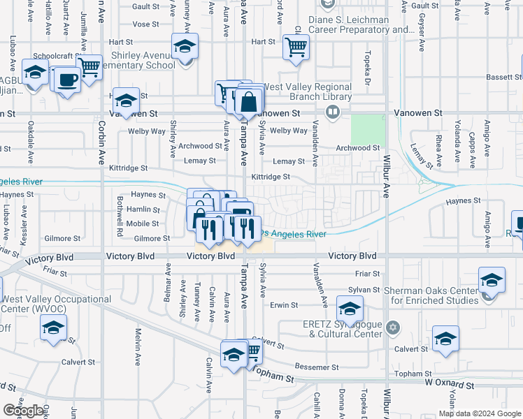 map of restaurants, bars, coffee shops, grocery stores, and more near 19234 Hamlin Street in Los Angeles