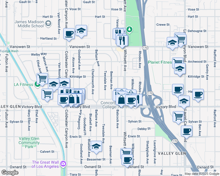 map of restaurants, bars, coffee shops, grocery stores, and more near 6511 Beeman Avenue in Los Angeles