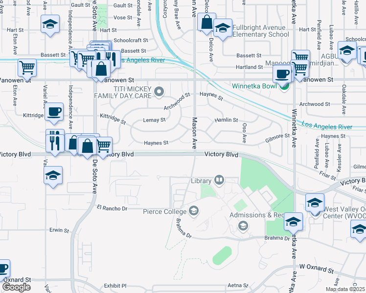 map of restaurants, bars, coffee shops, grocery stores, and more near 20528 Hamlin Street in Los Angeles
