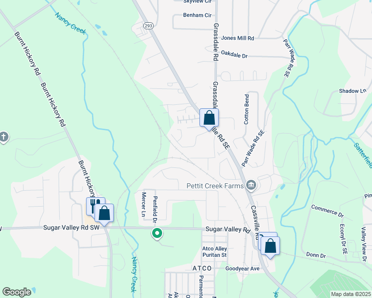 map of restaurants, bars, coffee shops, grocery stores, and more near 53 Middlebrook Drive in Cartersville